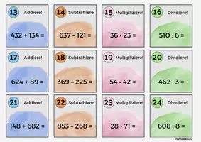 Vorschau - Arbeitsblätter - Grundrechenarten Aufgabenkarten Addition, Subtraktion, Multiplikation und Division inklusive Lösungen - Seite 3