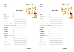 Vorschau - Arbeitsblätter - Spanisch Vokabeltest: Unidad 1 y 2 - Deckblatt