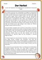 Vorschau - Arbeitsblätter - Deutsch: 🍁📖 Lesetext ,,der Herbst" mit Fragen + Lösungen 🎃 (Leseverstehen, Leseverständnis, Textverständnis) - Seite 1
