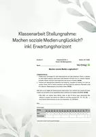 Vorschau - Klassenarbeiten - Klassenarbeit zum Thema "Stellungnahme" (Machen soziale Medien unglücklich?) inkl. Erwartungshorizont - Deckblatt