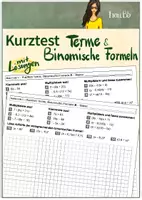 Vorschau - Arbeitsblätter - Terme und Binomische Formeln - Kurztest - Deckblatt