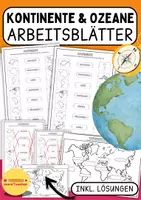 Vorschau - Arbeitsblätter - Kontinente und Ozeane Kartenarbeit, stumme Karte, Arbeitsblätter mit Lösungen (Klasse 3-6) - Deckblatt