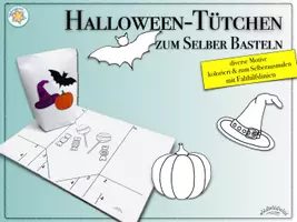 Vorschau - Mal- und Bastelvorlagen - TÜTEN FÜR HALLOWEEN BASTELN mit Faltlinien (koloriert oder zum Ausmalen; auch schon für Kitakinder) (Halloween-Party) - Seite 1