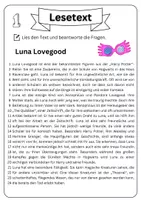 Vorschau - Arbeitsblätter - Leseverständnis - Luna Lovegood + Lösungen - Seite 1