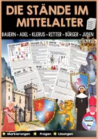 Vorschau - Unterrichtsreihen - Die Stände im Mittelalter | Stationenarbeit | 7 Arbeitsblätter & 7 Textpassagen | Gesellschaft - Adel - Klerus - Ritter - Bürger - Bauern - Juden - Deckblatt