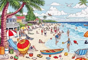 Vorschau - Bildkarten - Strand im Sommer - Wimmelbild - Seite 1