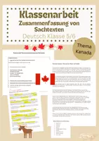 Vorschau - Klassenarbeiten - Klassenarbeit Zusammenfassung von Sachtexten Klasse 5/6 Thema Kanada - Deckblatt