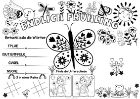 Vorschau - Arbeitsblätter - Ausmalbilder Frühling - Spiel- & Rätselmatte "Frühling" | Frühling Rätsel | Aufgaben für Schnelle | Ich bin fertig Aufgaben | Lückenfüller - Seite 1