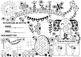 Vorschau - Arbeitsblätter - Ausmalbilder Frühling - Spiel- & Rätselmatte "Frühling" | Frühling Rätsel | Aufgaben für Schnelle | Ich bin fertig Aufgaben | Lückenfüller - Seite 1