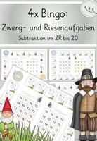 Vorschau - Stationenlernen - Zwerg- und Riesenaufgaben; 4x Bingo-Spiel: Subtraktion im ZR bis 20, Rechentrick, 2 Versionen - Deckblatt