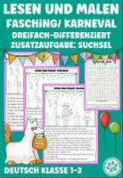 Vorschau - Arbeitsblätter - Lesen und Malen Fasching Karneval differenziert Suchsel Schulhund - Deckblatt