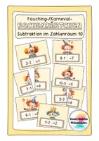 Vorschau - Stationenlernen - Rechenkärtchen: Subtraktion im Zahlenraum 10 - Design Fasching, Karneval - Deckblatt