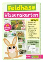 Vorschau - Stationenlernen - Feldhase - Wissenskartei mit 18 Wissenskarten: Körperbau, Nahrung, Lebensraum, Verhalten, Feinde - Deckblatt