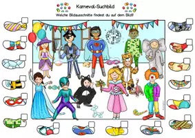 Vorschau - Arbeitsblätter - Wimmelbild Suchbild, Karneval, Fasching (Vorschule, Klasse 1, Förderschule) - Seite 1