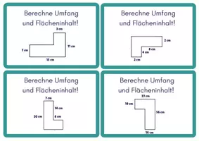 Vorschau - Aufgabenkarten - Übungskartei zusammengesetzte Flächen: Umfang und Flächeninhalt - Seite 1