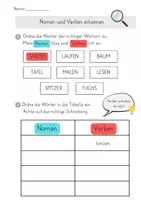 Vorschau - Arbeitsblätter - Nomen und Verben unterscheiden mit Lösungen und Tippkarten - Seite 1