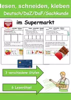 Vorschau - Arbeitsblätter - im Supermarkt Leserätsel - Lesen, schneiden, kleben - DaZ/DaF, Deutsch, Sachunterricht - Deckblatt