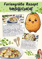 Vorschau - Mal- und Bastelvorlagen - Feriengrüße Kärtchen mit Rezept: Kartoffelsalat - Deckblatt