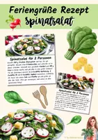 Vorschau - Mal- und Bastelvorlagen - Feriengrüße Kärtchen mit Rezept: Spinatsalat mit Radieschen - Deckblatt