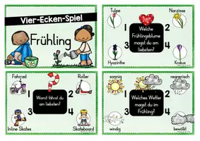 Vorschau - Spiele - Vier-Ecken-Spiel Frühling Grundschule – Bewegungsspiel & Entscheidungsspiel (Klasse 2–3) | Frühling Unterricht Ideen - Seite 1