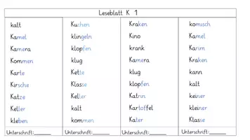 Vorschau - Arbeitsblätter - differenzierte Leseblätter K/k - Deckblatt