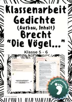 Vorschau - Klassenarbeiten - Klassenarbeit mit Erwartungshorizont - Gedichte, Bertolt Brecht, Klasse 5/6 - Deckblatt