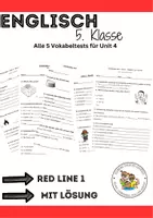 Vorschau - Arbeitsblätter - Red Line 1, Unit 4 alle (5 Stück) Vokabeltests mit Lösungen - Deckblatt
