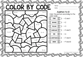 Voorbeeld - Color by code - Addition to 10 (Earth Day) | April Wiskunde Engels - Pagina 2