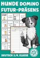 Vorschau - Stationenlernen - Domino Futur Präsens Deutsch 4. Klasse Schulhund Hundeklasse - Deckblatt