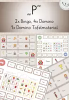 Vorschau - Unterrichtsreihen - Buchstabe P, Freiarbeitsmaterial zur Einführung Buchstabe P, 4x Domino, 2x Bingo, 1x Bingo Tafelmaterial, mehrfach differenziert, mit Selbstkontrolle - Deckblatt
