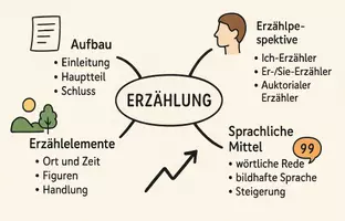 Vorschau - Arbeitsblätter - AB mit Fragen zum Thema "Erzählung" + Lösungsblatt + Mindmap - Seite 1