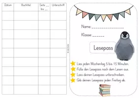 Vorschau - Arbeitsblätter - Lesepass "Pinguin" - in 3 Versionen (Farbe, S/W, Blanko) - Seite 1