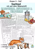 Vorschau - Arbeitsblätter - Lesetext Klasse 3, Haustiere, Nutztiere und Wildtiere, Leseverstehen - Deckblatt