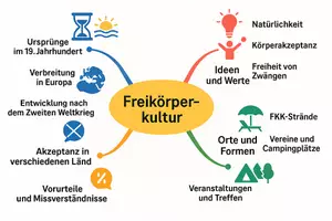 Vorschau - Arbeitsblätter - AB mit Fragen zum Thema "Freikörperkultur" + Lösungsblatt + Mindmap - Seite 1