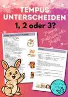 Vorschau - Spiele - Bewegungsspiel Tempus unterscheiden, 1, 2 oder 3, Tiere, Präsens, Präteritum, Perfekt - Deckblatt