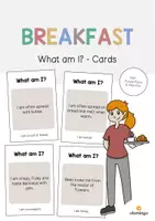 Vista previa - Tarjetas / Manipulativos - Breakfast / Desayuno: What am I? - Cards (Juego de adivinanzas para la clase de inglés) - Portada