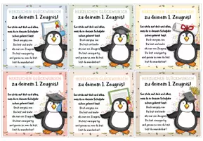 Vorschau - Bildkarten - Grußkärtchen / Feriengruß zum 1. Zeugnis (wahres Zeugnis) / Pinguinklasse - Seite 1