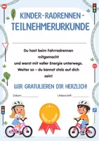 Vorschau - Anderer Materialtyp - Teilnahme-Urkunde zum Kinder-Radrennen – für Sporttage, Fahrradrennen, Sportfeste & Aktionen - Seite 1