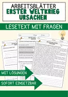 Vorschau - Arbeitsblätter - Erster Weltkrieg Ursachen Arbeitsblätter mit Fragen + Lösungen Lesetext - Deckblatt