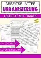 Vorschau - Arbeitsblätter - Urbanisierung Arbeitsblätter mit Fragen + Lösungen Lesetext - Deckblatt