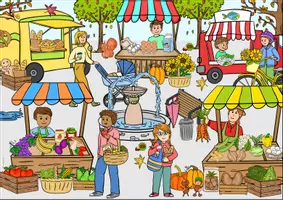 Vorschau - Stundenentwürfe - Herbst Wimmelbild, Suchbild zur Alltagssituationen auf dem Wochenmarkt-Sprachförderung und Bildbeschreibung - Seite 1