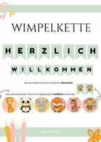 Vorschau - Bildkarten - Wimpelkette - HERZLICH WILLKOMMEN Giraffe Panda Elefant Fuchs Esel Affe - Deckblatt