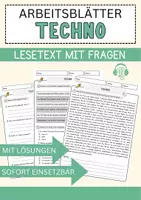 Vorschau - Arbeitsblätter - Techno Arbeitsblätter mit Fragen + Lösungen Musik Lesetext - Deckblatt