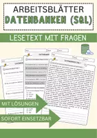 Vorschau - Arbeitsblätter - Datenbanken (SQL) Arbeitsblätter mit Fragen + Lösungen Informatik Lesetext - Deckblatt