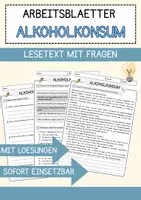 Vorschau - Arbeitsblätter - Alkoholkonsum Arbeitsblätter mit Fragen + Lösungen Lesetext - Deckblatt