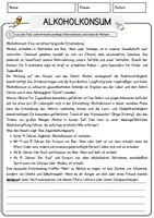 Vorschau - Arbeitsblätter - Alkoholkonsum Arbeitsblätter mit Fragen + Lösungen Lesetext - Seite 1