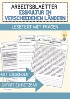 Vorschau - Arbeitsblätter - Esskultur in verschiedenen Ländern Arbeitsblätter mit Fragen + Lösungen Lesetext - Deckblatt