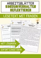 Vorschau - Arbeitsblätter - Konsumverhalten reflektieren Arbeitsblätter mit Fragen Lesetraining mit Lösungen Lesetext - Deckblatt