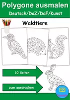 Vorschau - Mal- und Bastelvorlagen - Polygone ausmalen Tiere im Wald - DaZ/DaF, Deutsch/Kunst - Deckblatt