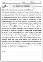 Vorschau - Arbeitsblätter - Der Beruf des Friseurs Arbeitsblätter mit Fragen Lesetraining mit Lösungen Lesetext - Seite 1